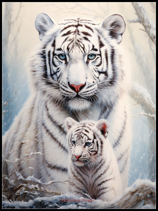 White Tiger and Cub - Counted Cross Stitch Patterns Embroidery Crafts Needlework DIY Chart DMC Color