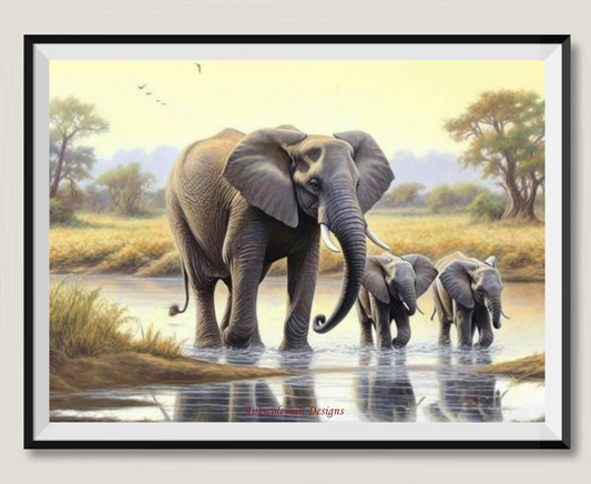 An Elephant Family's Passage - Counted Cross Stitch Patterns Embroidery Crafts Needlework DIY Chart DMC Color