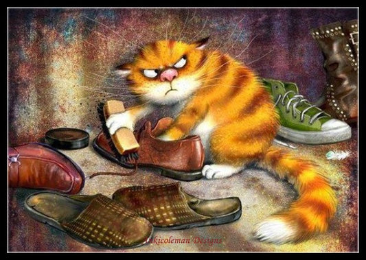 Shoe-shining Cat - Counted Cross Stitch Patterns Embroidery Crafts Needlework DIY Chart DMC Color