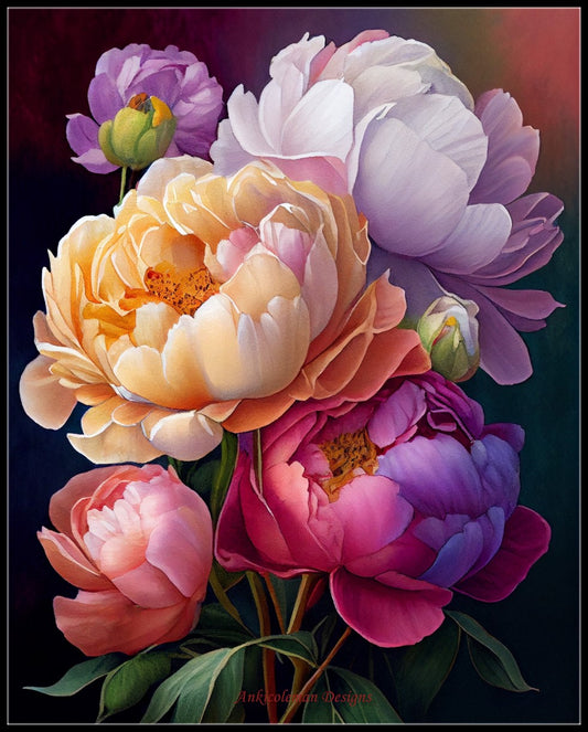 Peony Bouquet 3 - Counted Cross Stitch Patterns Embroidery Crafts Needlework DIY Chart DMC Color