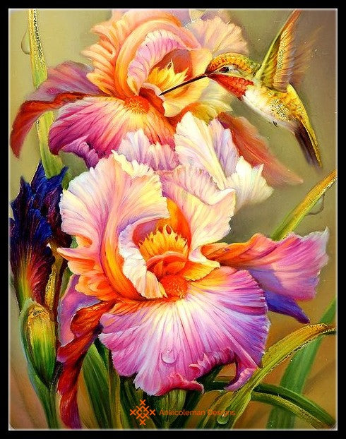 Iris and Hummingbird 1 - Counted Cross Stitch Patterns Embroidery Crafts Needlework DIY Chart DMC Color