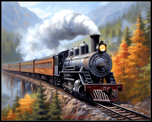 Mountain Train - Counted Cross Stitch Patterns Embroidery Crafts Needlework DIY Chart DMC Color