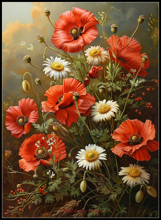 Poppies and Mayweed - Counted Cross Stitch Patterns Embroidery Crafts Needlework DIY Chart DMC Color