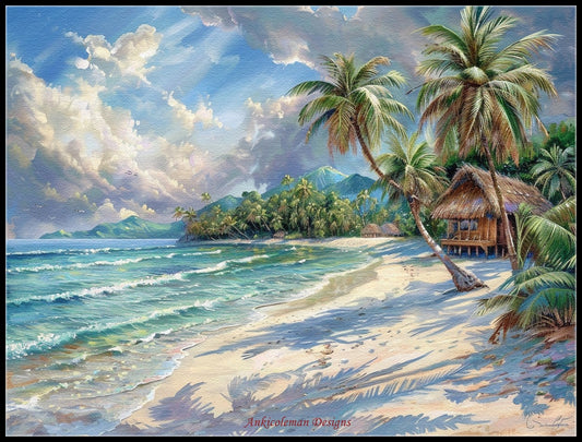 Tropical Beach and Palms  - Counted Cross Stitch Patterns Embroidery Crafts Needlework DIY Chart DMC Color