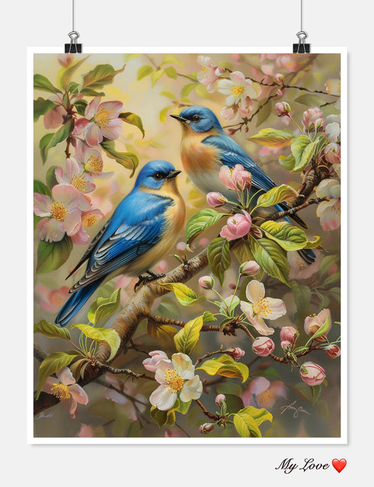 Bluebirds on Crabapple Blooms - Counted Cross Stitch Patterns Embroidery Crafts Needlework DIY Chart DMC Color