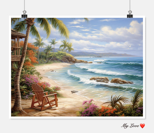 Beach and Palms  - Counted Cross Stitch Patterns Embroidery Crafts Needlework DIY Chart DMC Color