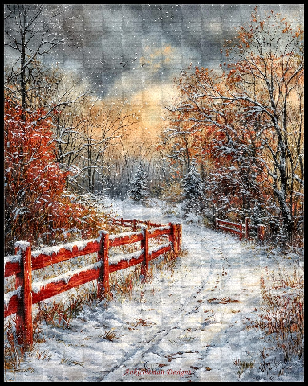 Red Fence - Counted Cross Stitch Patterns Embroidery Crafts Needlework DIY Chart DMC Color