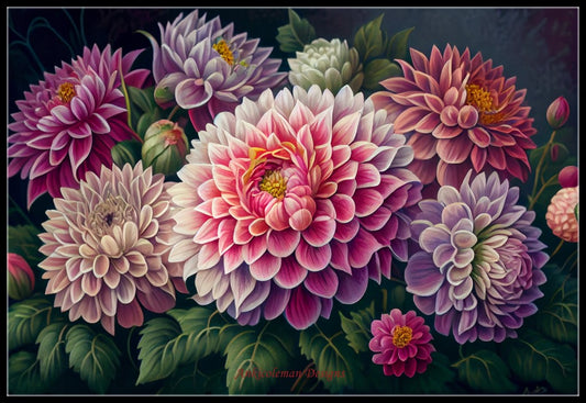 Dahlias Floral - Counted Cross Stitch Patterns Embroidery Crafts Needlework DIY Chart DMC Color