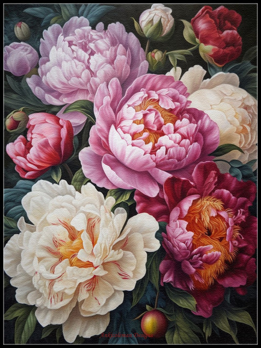 Colorful Peonies - Counted Cross Stitch Patterns Embroidery Crafts Needlework DIY Chart DMC Color