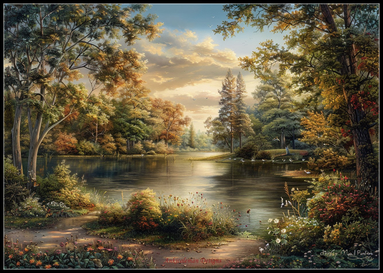 Summer Lake with Trees and Bushes - Counted Cross Stitch Patterns Embroidery Crafts Needlework DIY Chart DMC Color