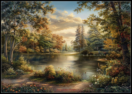 Summer Lake with Trees and Bushes - Counted Cross Stitch Patterns Embroidery Crafts Needlework DIY Chart DMC Color