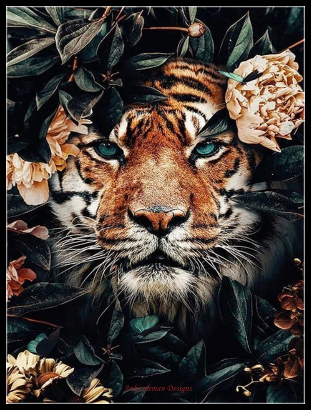 Tiger Face Flowers - Counted Cross Stitch Patterns Embroidery Crafts Needlework DIY Chart DMC Color