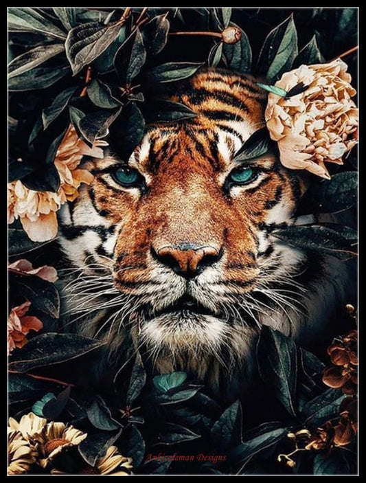 Tiger Face Flowers - Counted Cross Stitch Patterns Embroidery Crafts Needlework DIY Chart DMC Color