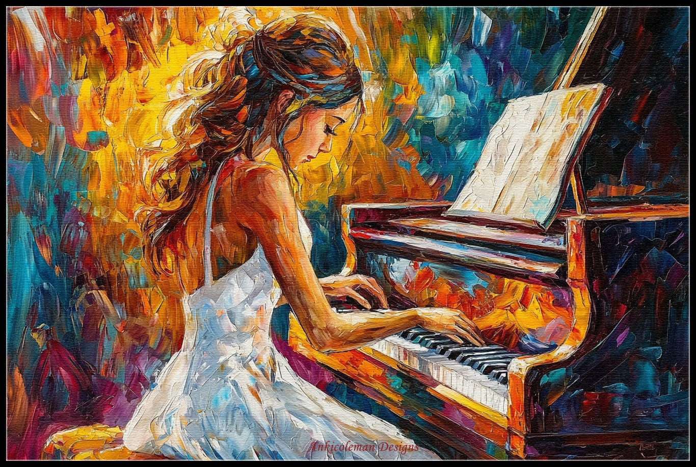 The Girl Playing on the Piano 1 - Counted Cross Stitch Patterns Embroidery Crafts Needlework DIY Chart DMC Color