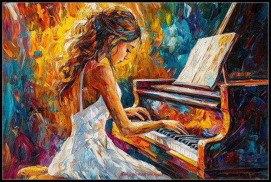 The Girl Playing on the Piano 1 - Counted Cross Stitch Patterns Embroidery Crafts Needlework DIY Chart DMC Color