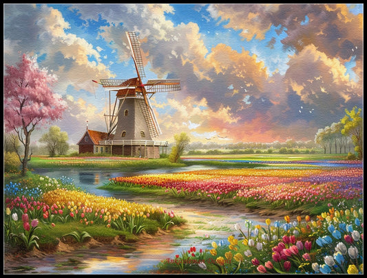 Tulip Fields with Windmill 1  - Counted Cross Stitch Patterns Embroidery Crafts Needlework DIY Chart DMC Color