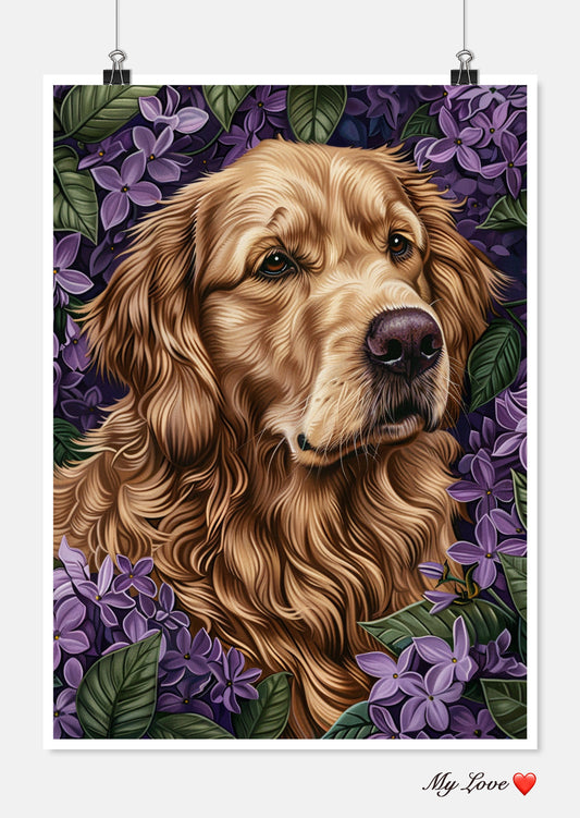 Golden Retriever and Lilacs - Counted Cross Stitch Patterns Embroidery Crafts Needlework DIY Chart DMC Color