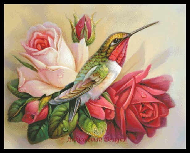 Hummingbirds in Roses - Counted Cross Stitch Patterns Embroidery Crafts Needlework DIY Chart DMC Color