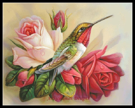 Hummingbirds in Roses - Counted Cross Stitch Patterns Embroidery Crafts Needlework DIY Chart DMC Color
