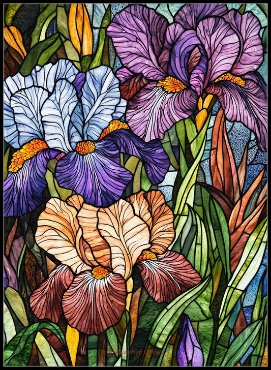 Stained Glass Iris - Counted Cross Stitch Patterns Embroidery Crafts Needlework DIY Chart DMC Color