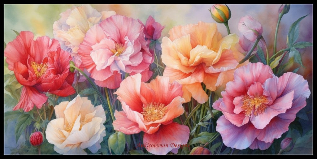 Dance of Peonies - Counted Cross Stitch Patterns Embroidery Crafts Needlework DIY Chart DMC Color