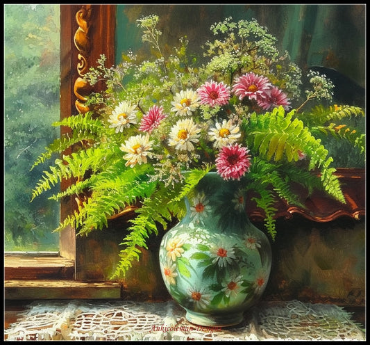 Noble Vase and Fern 3 - Counted Cross Stitch Patterns Embroidery Crafts Needlework DIY Chart DMC Color