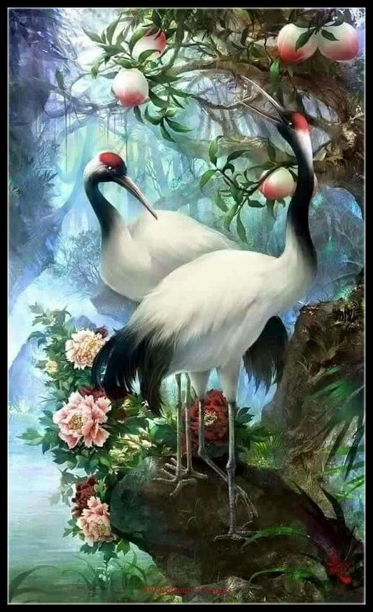 Red-crowned Cranes - Counted Cross Stitch Patterns Embroidery Crafts Needlework DIY Chart DMC Color
