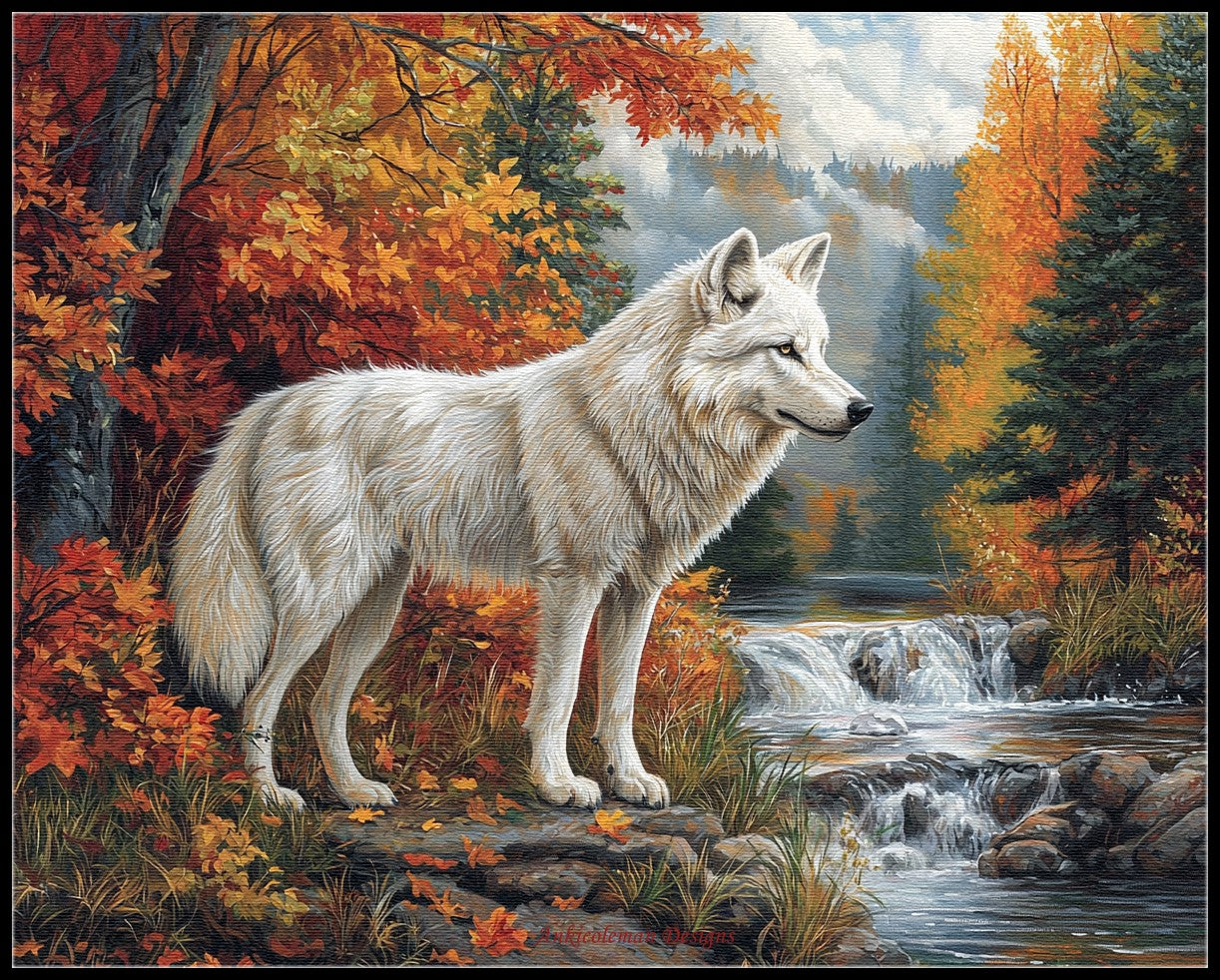 White Wolf in Autumn - Counted Cross Stitch Patterns Embroidery Crafts Needlework DIY Chart DMC Color