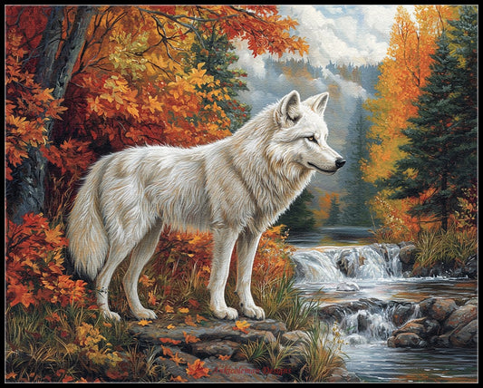 White Wolf in Autumn - Counted Cross Stitch Patterns Embroidery Crafts Needlework DIY Chart DMC Color