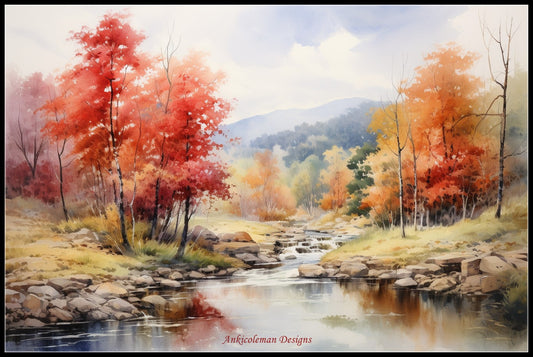 Forest River on an Autumn Day - Counted Cross Stitch Patterns Embroidery Crafts Needlework DIY Chart DMC Color