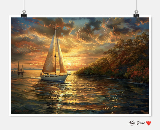 Yacht at Sunset - Counted Cross Stitch Patterns Embroidery Crafts Needlework DIY Chart DMC Color