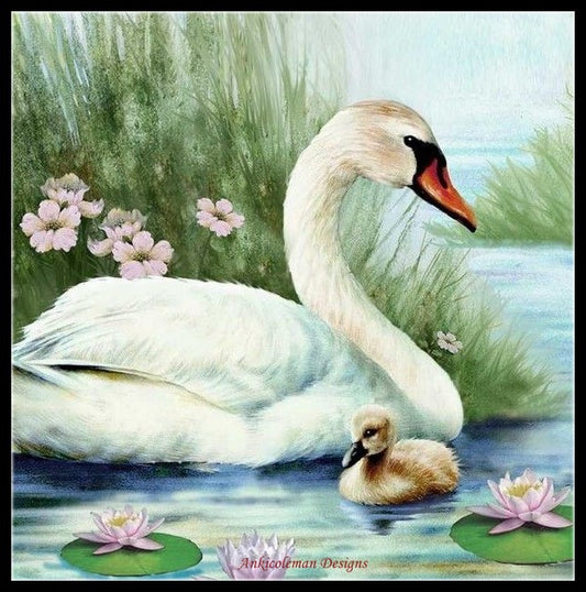 Swan and Cygnet - Counted Cross Stitch Patterns Embroidery Crafts Needlework DIY Chart DMC Color