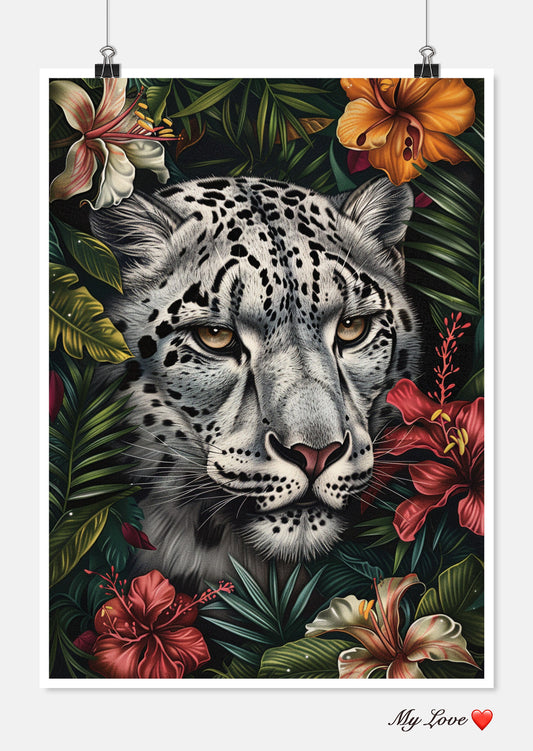 Snow Leopards Face Flowers - Counted Cross Stitch Patterns Embroidery Crafts Needlework DIY Chart DMC Color