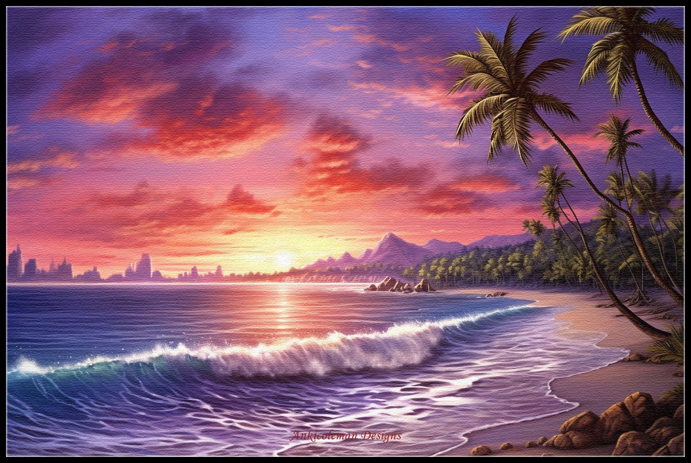 Purple Red Sunset and Beautiful Ocean Sunset Beach 2 - Counted Cross Stitch Patterns Embroidery Crafts Needlework DIY Chart DMC Color