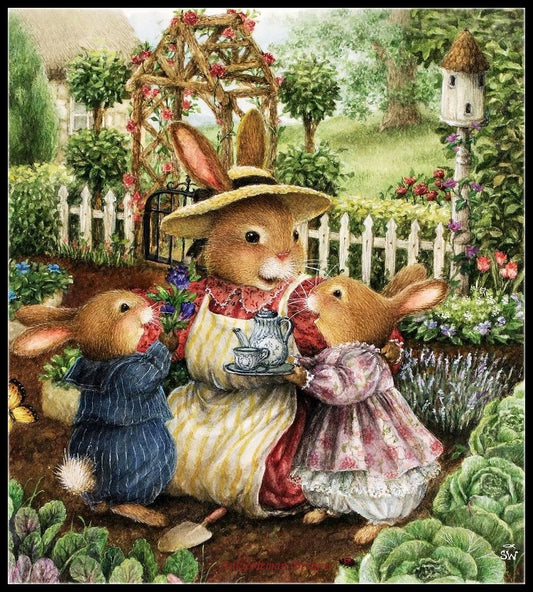 Backyard Tea Party - Counted Cross Stitch Patterns Embroidery Crafts Needlework DIY Chart DMC Color