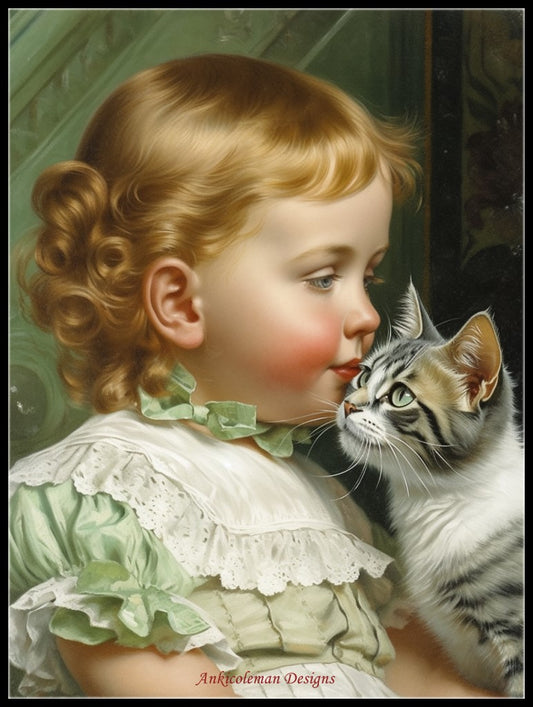Little Girl and a Kitten - Counted Cross Stitch Patterns Embroidery Crafts Needlework DIY Chart DMC Color