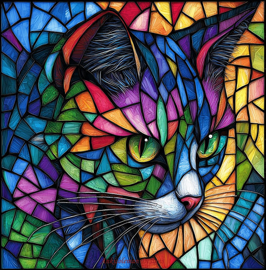 Stained Glass Cat - Counted Cross Stitch Patterns Embroidery Crafts Needlework DIY Chart DMC Color