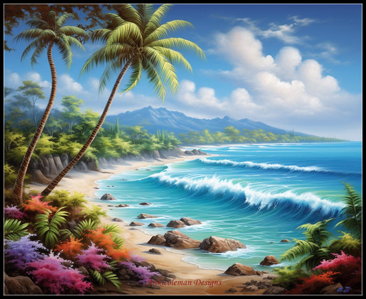 Tropical Beach 1 - Counted Cross Stitch Patterns Embroidery Crafts Needlework DIY Chart DMC Color