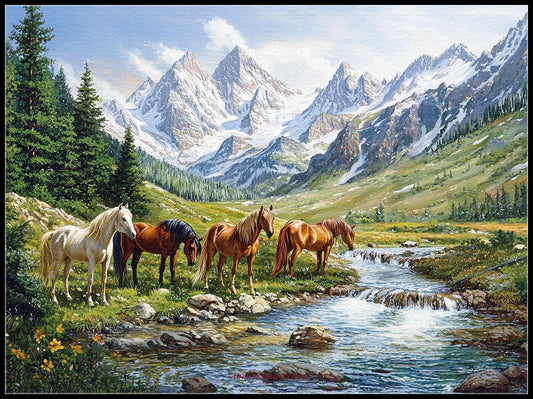 Horses in Wilderness - Counted Cross Stitch Patterns Embroidery Crafts Needlework DIY Chart DMC Color