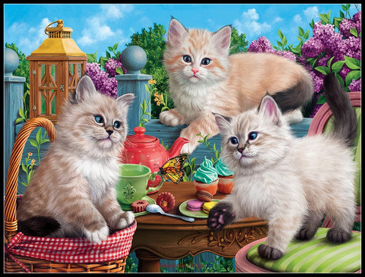Kitten Tea Party - Counted Cross Stitch Patterns Embroidery Crafts Needlework DIY Chart DMC Color
