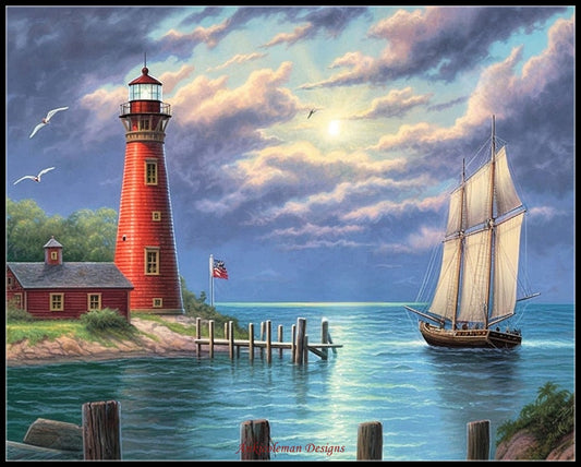 Sailboat Beacon - Counted Cross Stitch Patterns Embroidery Crafts Needlework DIY Chart DMC Color