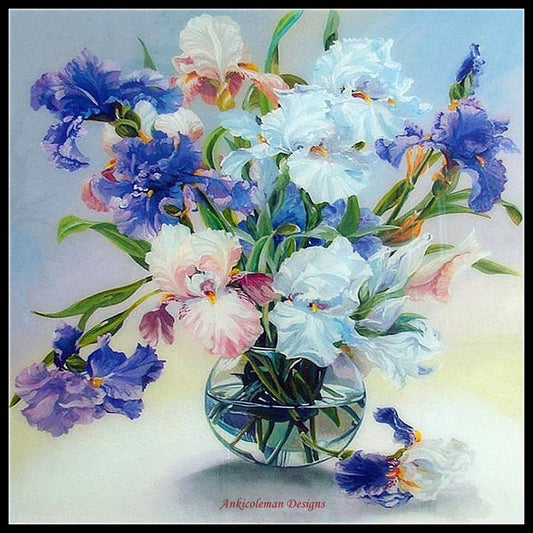 Iris in Vase - Counted Cross Stitch Patterns Embroidery Crafts Needlework DIY Chart DMC Color