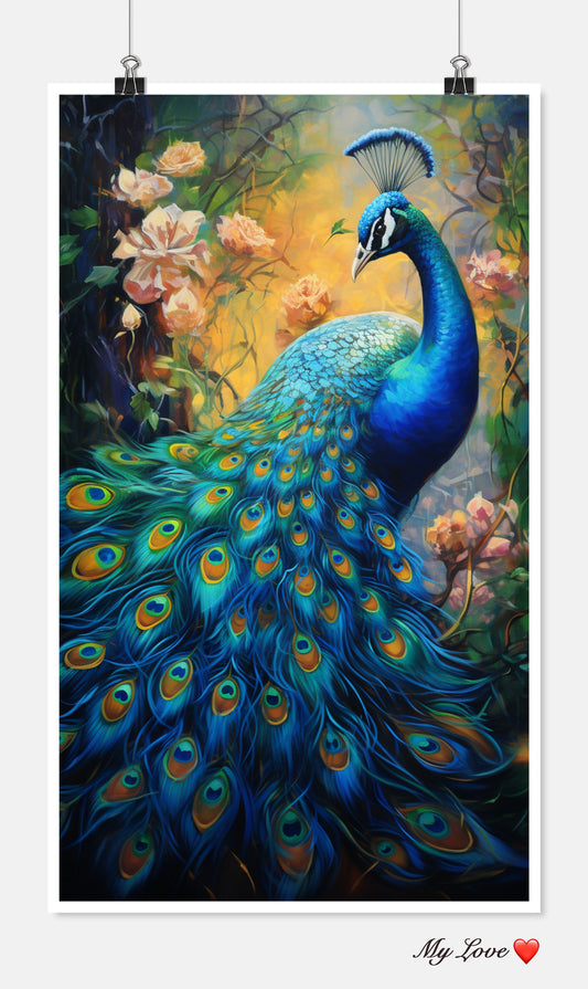 Blue Peacock with Long Feathers - Counted Cross Stitch Patterns Embroidery Crafts Needlework DIY Chart DMC Color