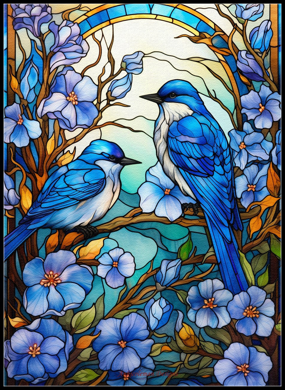 Stained Glass Flowers and Bluebirds - Counted Cross Stitch Patterns Embroidery Crafts Needlework DIY Chart DMC Color