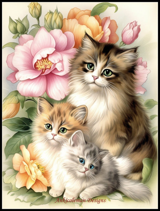 Kittens among Peonies - Counted Cross Stitch Patterns Embroidery Crafts Needlework DIY Chart DMC Color