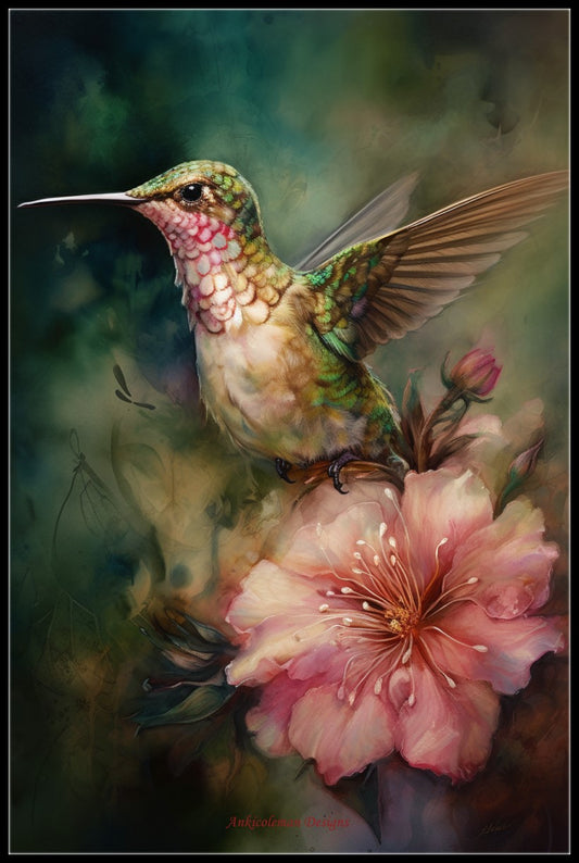 Hummingbird on a Pink Flower - Counted Cross Stitch Patterns Embroidery Crafts Needlework DIY Chart DMC Color
