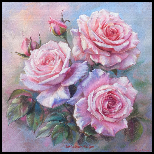 Pink Roses 9 - Counted Cross Stitch Patterns Embroidery Crafts Needlework DIY Chart DMC Color