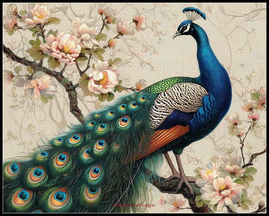 Peacock and Blossoms 1 - Counted Cross Stitch Patterns Embroidery Crafts Needlework DIY Chart DMC Color