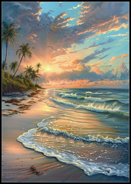 Florida Beach Sunrise - Counted Cross Stitch Patterns Embroidery Crafts Needlework DIY Chart DMC Color