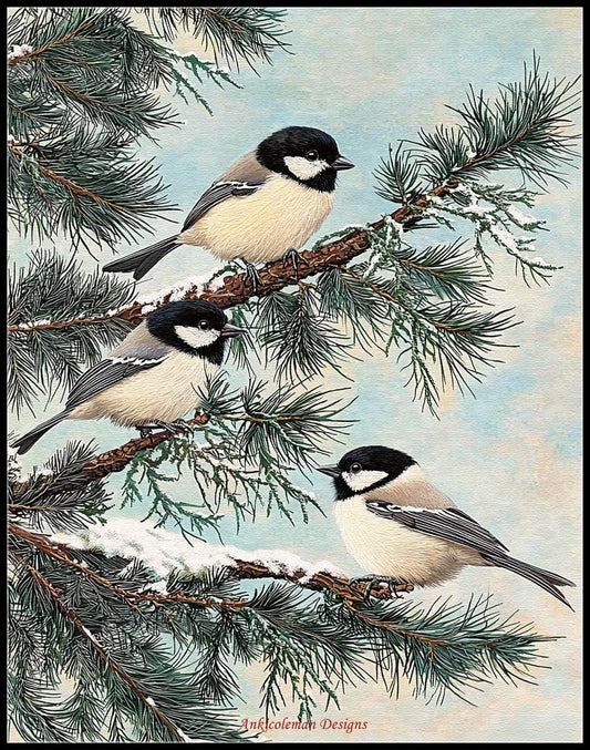 Chickadees in Pines- Counted Cross Stitch Patterns Embroidery Crafts Needlework DIY Chart DMC Color